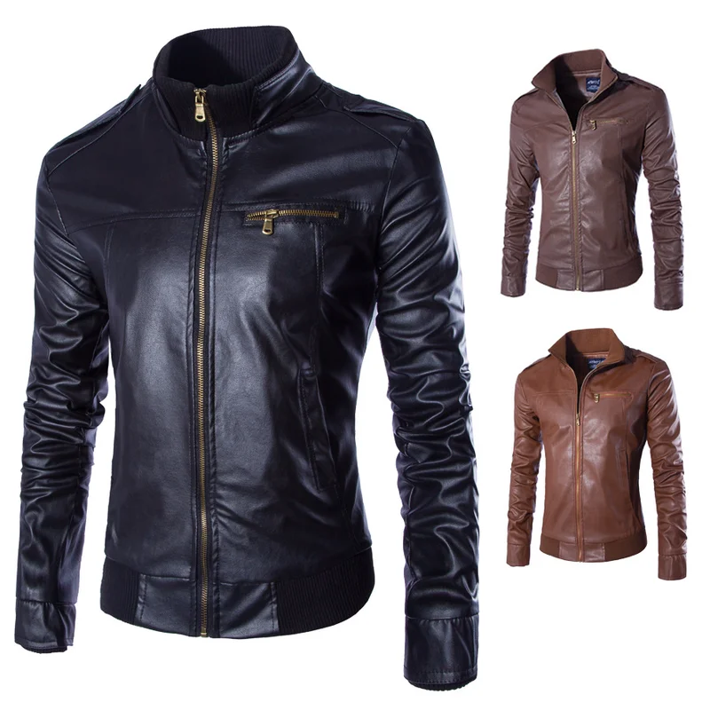 AOWOFS 2019 New Men's Leather Gold Zipper Trend Personality Motorcycle Leather Jacket Collar Business Fan Men's Leather Jacket