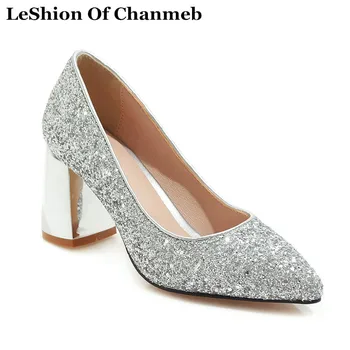 

Big Plus Size 34-48 Glitter High Heels Pumps Women Pointed Toe Slip ons Party Silver Bling Bling Shoes 2019 Sexy tenis feminino