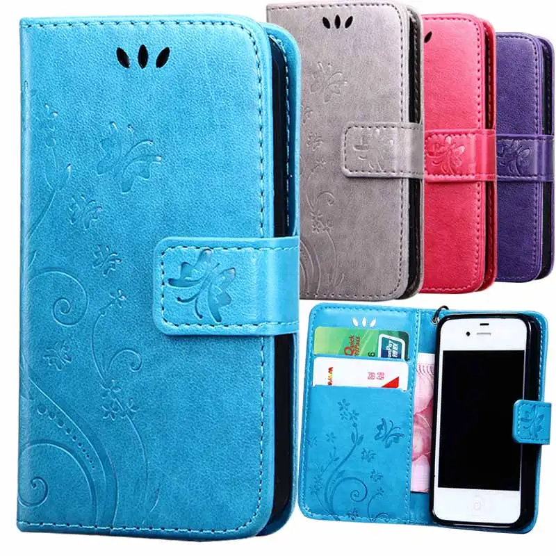 4S Люкс Флип Кожаный Чехол Для Apple iPhone 4 Бумажник стенд 3D Цветочным Узором Coque с