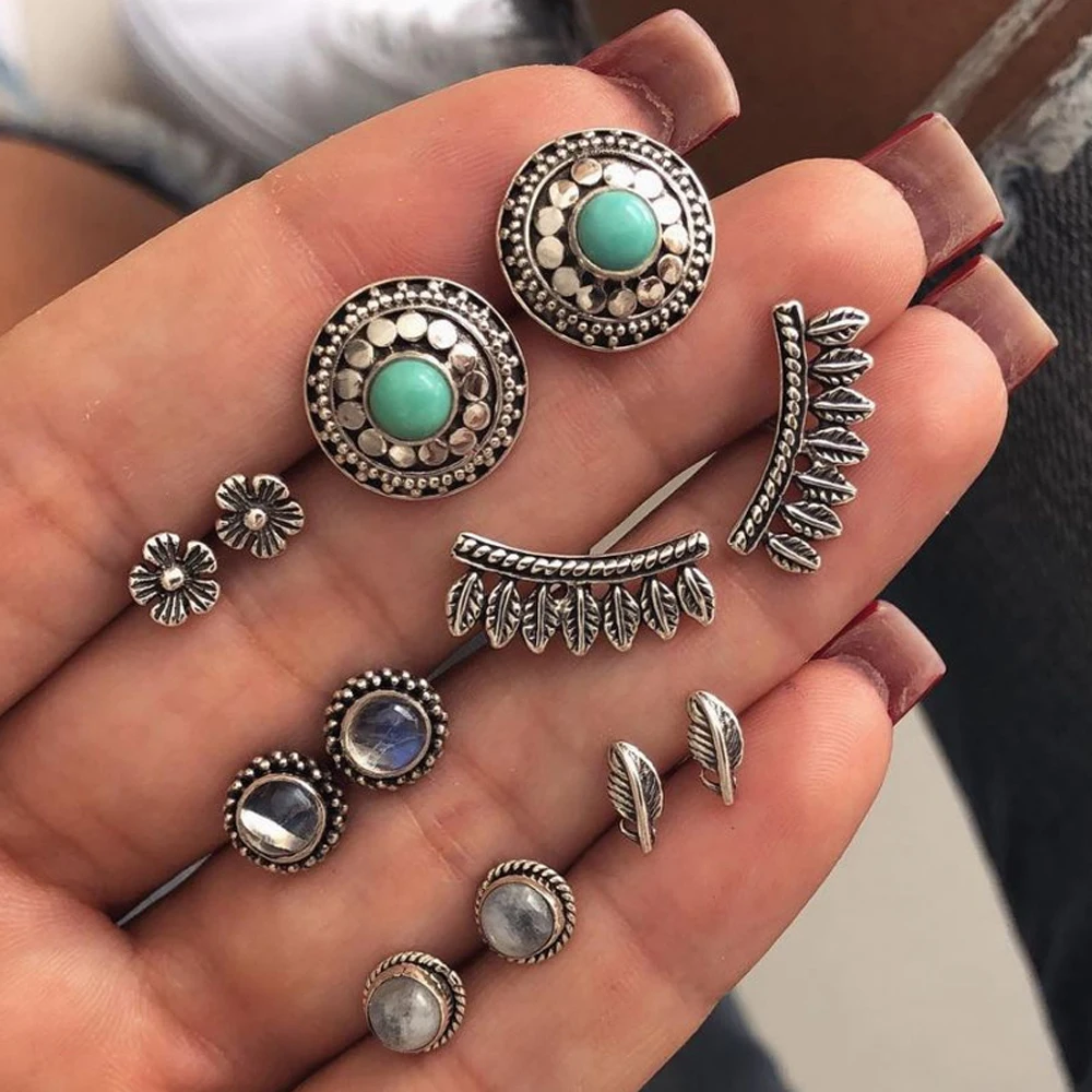 

Ethnic Leaf Stud Earring 6 Pairs/Set Boho Antique Flower Crystal Earrings Set For Women Jewelry Statement Gifts