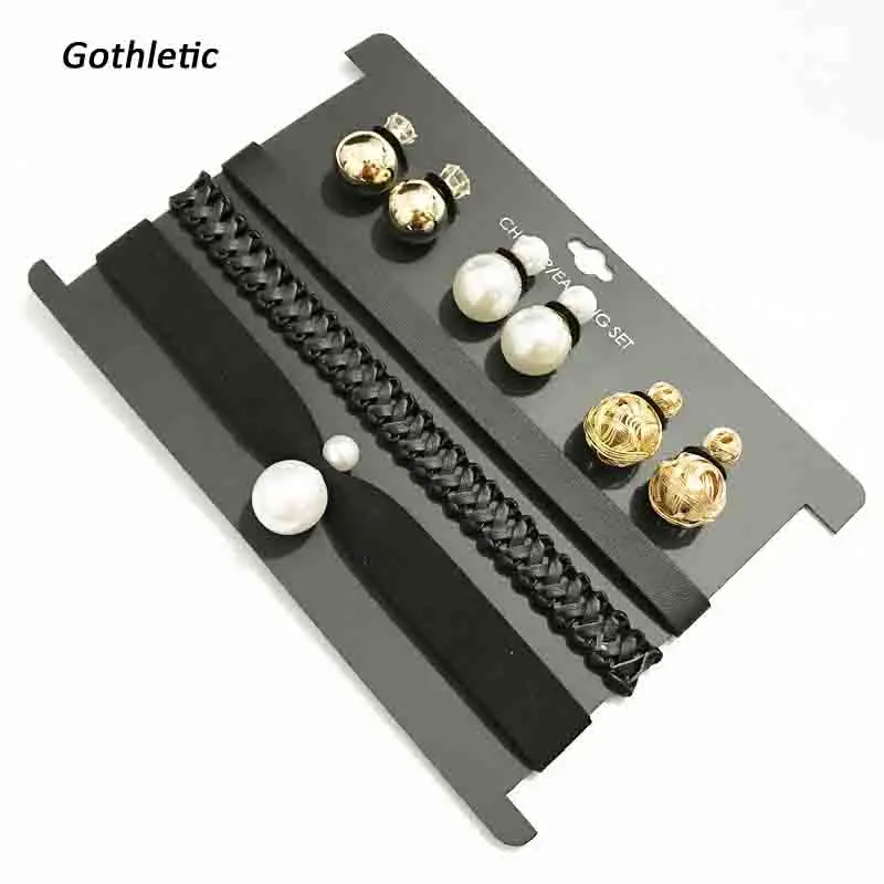 Gothletic 2019 Fashion Trio PU Chokers &amp Front Back Earrings Pack Handmade Jewelry Sets | Украшения и аксессуары