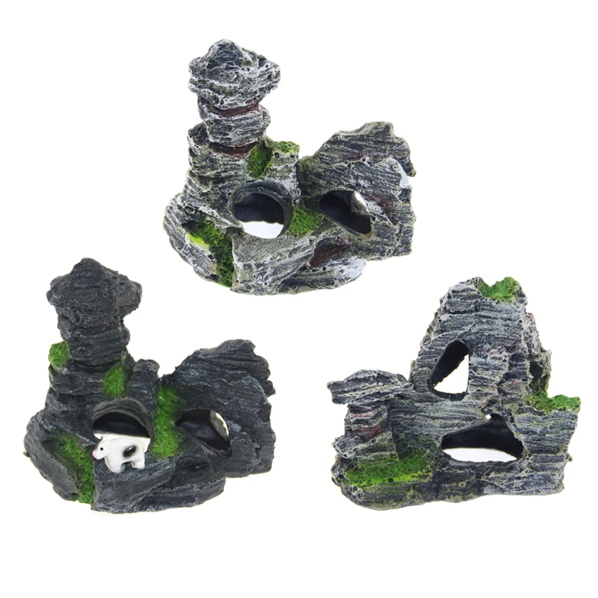 Pietre E Piante Finte Per Acquario - 2 Pietre Con Fori E 2 Piante In Plastica, Decorazione Per Pesci - Foto 7