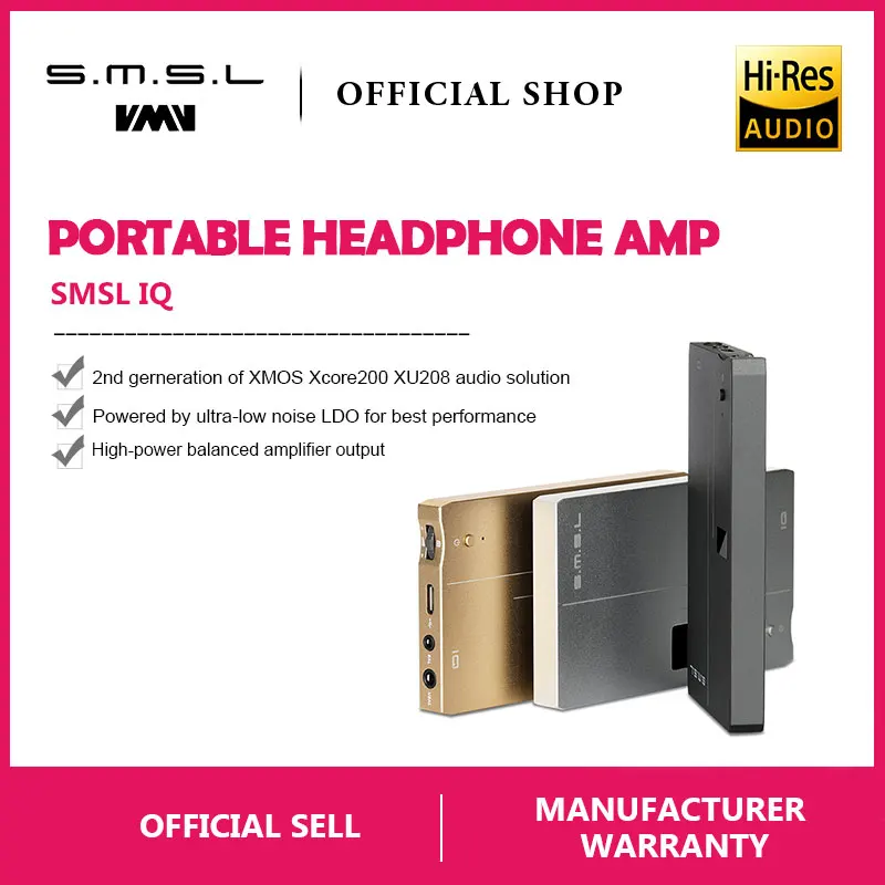 SMSL IQ USB HI-RES Portable headphone Amplifier with DAC DSD512 PCM 768kHZ built in chargeable battery 2.5mm and 3.5mm output