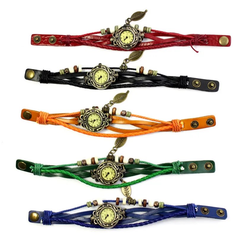 

Womens Bracelet Weave Wrap Quartz Leather Leaf Beads Wrist Watches The popular ladies' watch of 2017 Dropshipping G11