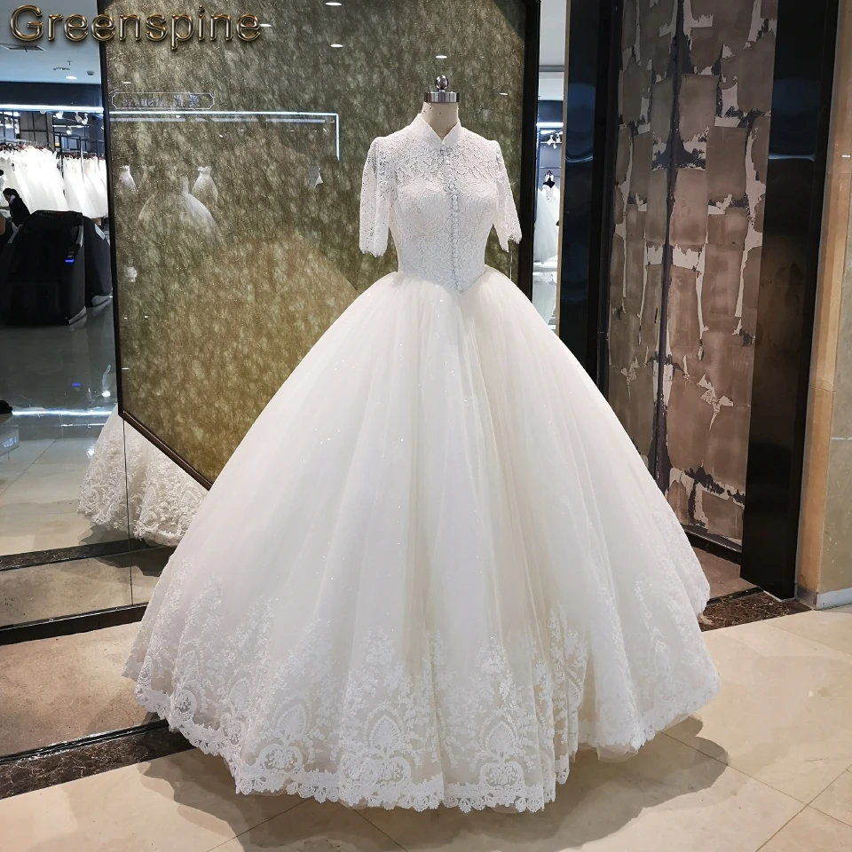 Greenspine African Tulle Wedding Dresses Lace Bridal Gowns Half Sleeve Brautkleider Hochzeitskleid Wedding Dress Plus Size
