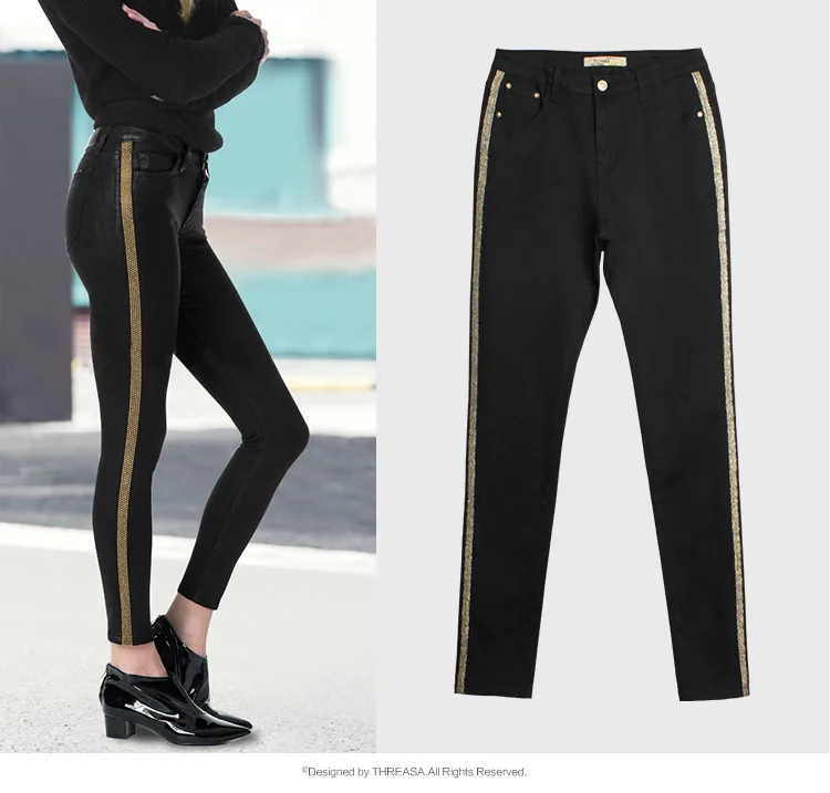 Весенние модные женские джинсы с блестками и полосками сбоку, европейские и американские джинсовые хлопковые узкие черные узкие брюки-карандаш с эффектом пуш-ап