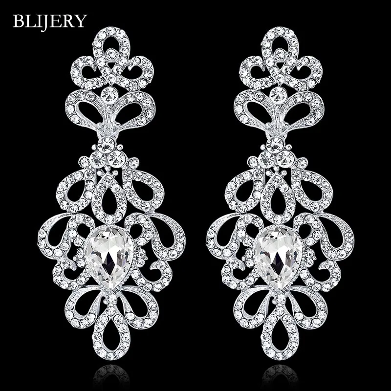 

BLIJERY Crystal Floral Bridal Long Earrings Silver Color Rhinestones Wedding Party Drop Earrings Femme Jewelry Accessorie
