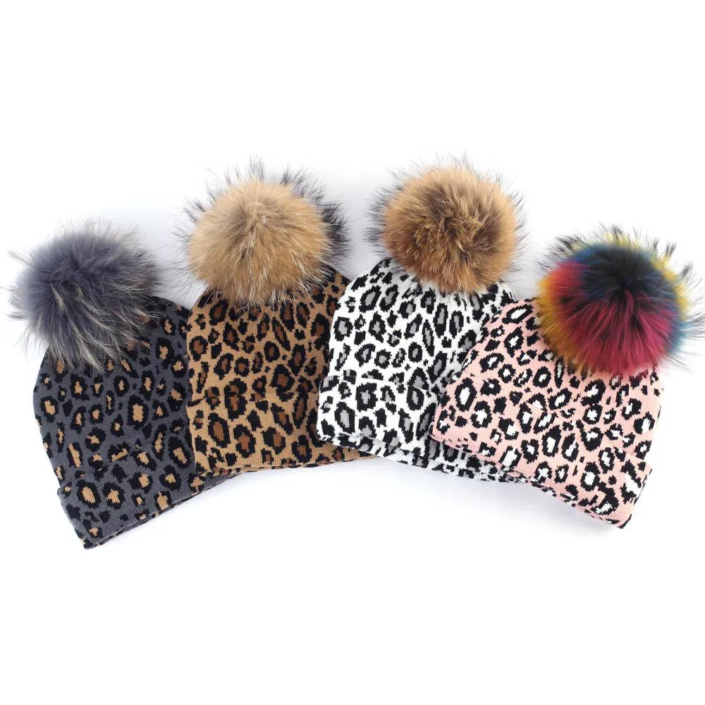Geebro, Женская леопардовая шапочка, шапка с помпоном, зимняя, теплая, с принтом, громоздкая, шапочки с помпоном из меха енота, Femme Skullies& Beanie
