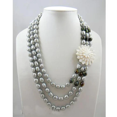 

New Arriver Real Pearl Jewellery,3 Rows 9-11mm Gray Green Color Rice Baroque Freshwater Pearl Necklace,Shell Clasp,Free Shipping