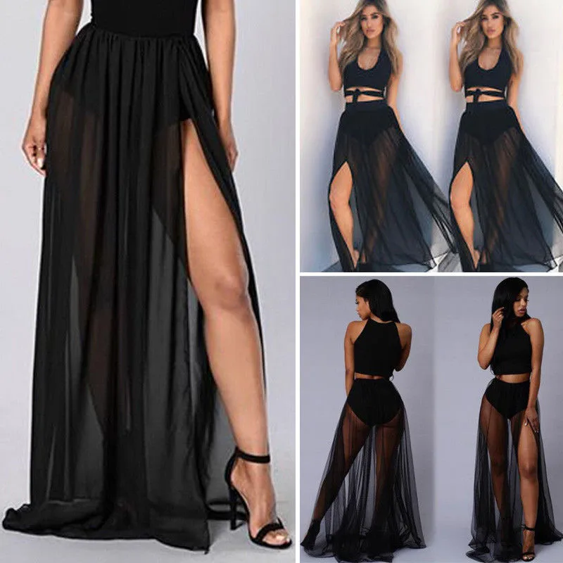 Женская прозрачная юбка с разрезом по бокам и высокой талией, черная однотонная прозрачная шифоновая юбка в стиле ампир, плиссированная длинная юбка макси, летняя Горячая Распродажа