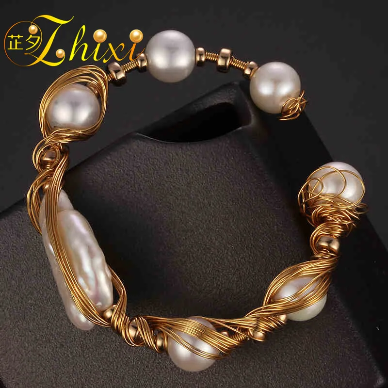 

ZHIXI Pearl Bracelet For Women Fine Jewelry Freshwater Baroque Pearl Bracelets White Round Stone Beads Birthday Gift S301