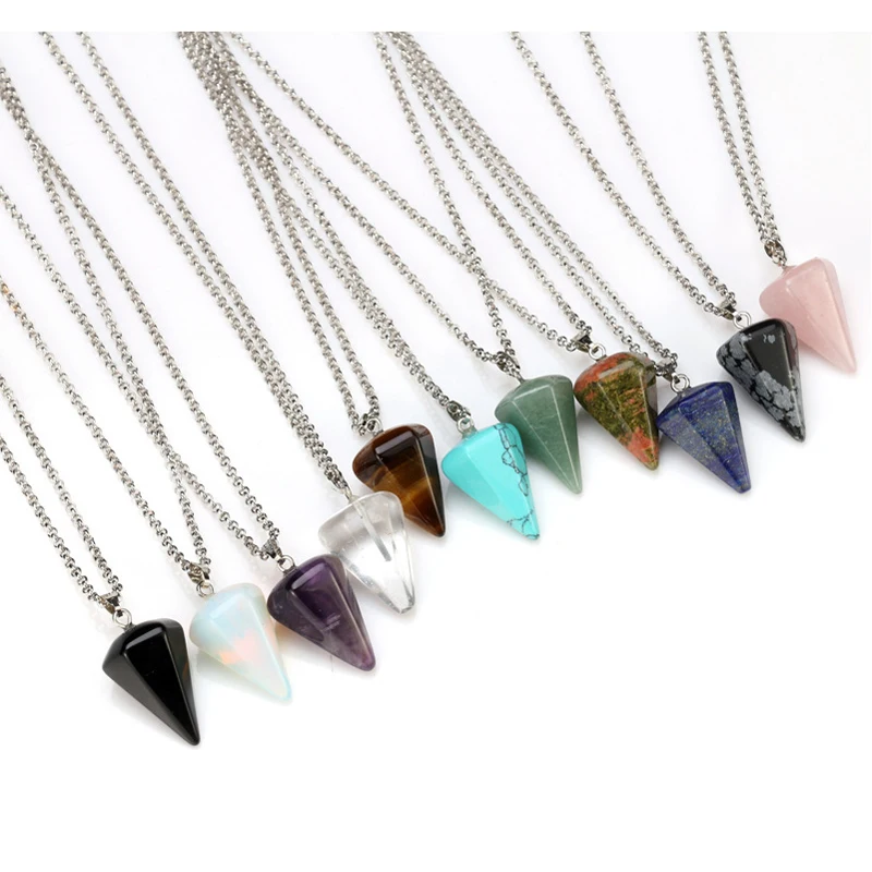 

LE SKY Fashion Silver Neck Chain Geometric Natural Stone Hexagon Conical Crystal Pendant Necklace For Men and Women