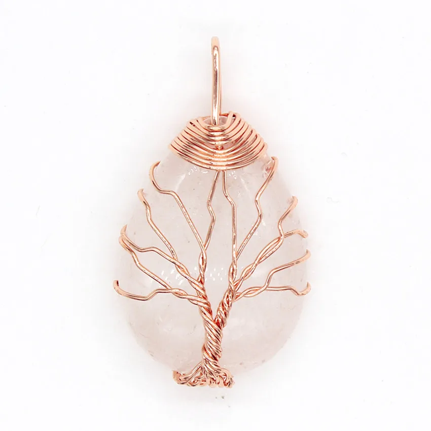

Trendy-beads Popular Rose Gold Color Wire Wrap Tree of Life Water Drop Natural Rock Crystal Pendant Charm Jewelry