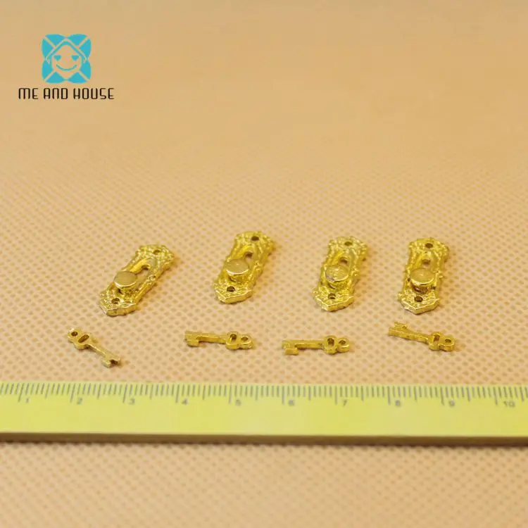 

Cute Mini Doll House Miniature golden metal Door Handle with Key hardware 1/12 scale