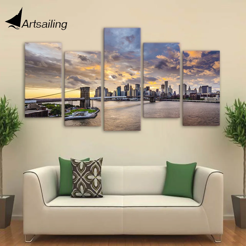 

Framed Printed City bridge poster 5 pieces Group Painting room decor print poster picture canvas Free shipping/ny-1171