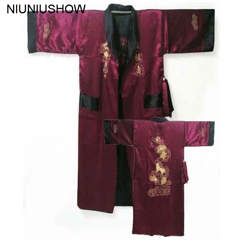 silk pajama set Burgundy Black Reversible Chinese Men's Satin Silk Two-face Robe Embroidery Kimono Bath Gown Dragon One Size S3003 silk pj set