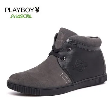 PLAYBOY-40C; очень теплые мужские ботинки из натуральной кожи; Водонепроницаемая зимняя обувь; уличные теплые зимние ботинки; короткие плюшевые зимние ботинки - Цвет: Темно-серый
