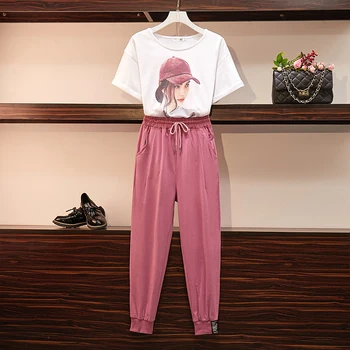 

HAMALIEL L-4XL Summer Women 2 Piece Pant Suit 2019 Fashion Print Character White T-shirt + Casual Pink Elastic Waist Pants Suit