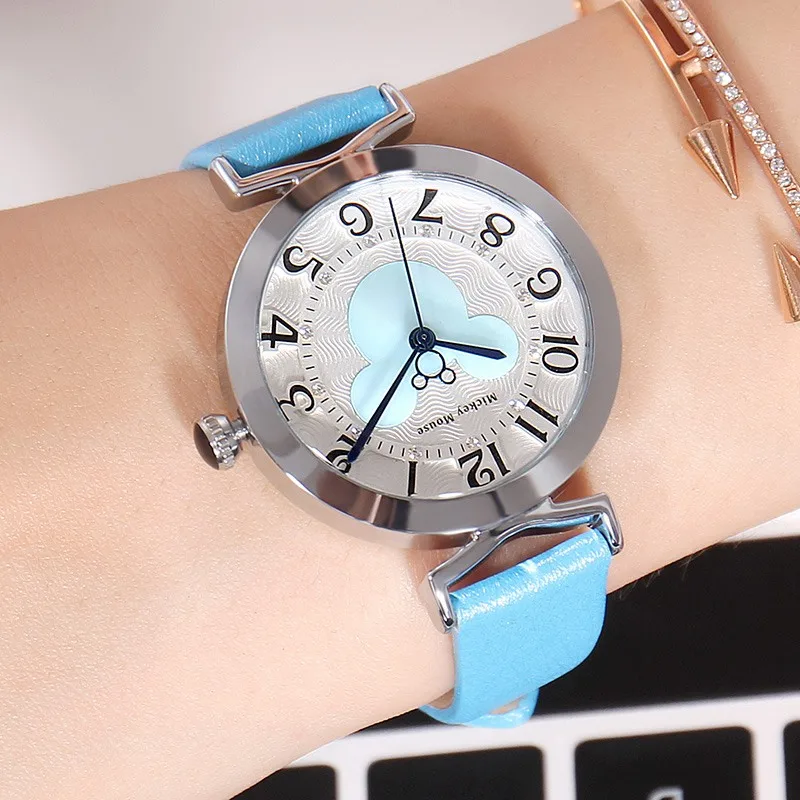 Disney для женщин Красивые наивысшего качества Стразы кожаный ремешок часы Девушки Мода повседневное кварцевые цифровые часы Mickey подарок - Цвет: Синий