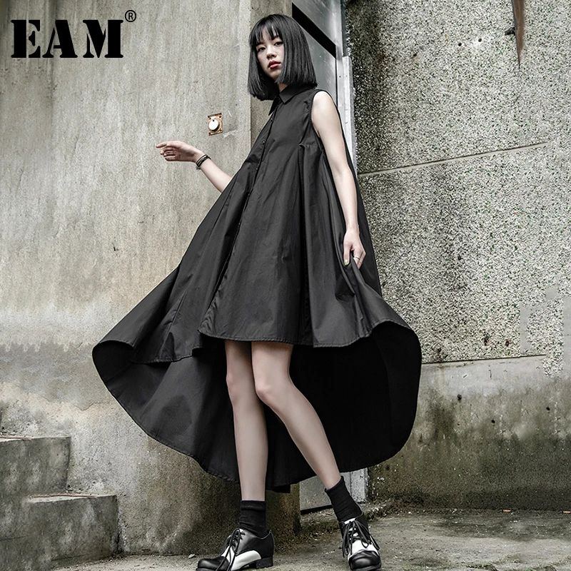

[EAM] 2019 New Spring Summer Lapel Sleevelss Black Irregular Hem Loose Long Big Size Shirt Dress Women Fashion Tide JW465