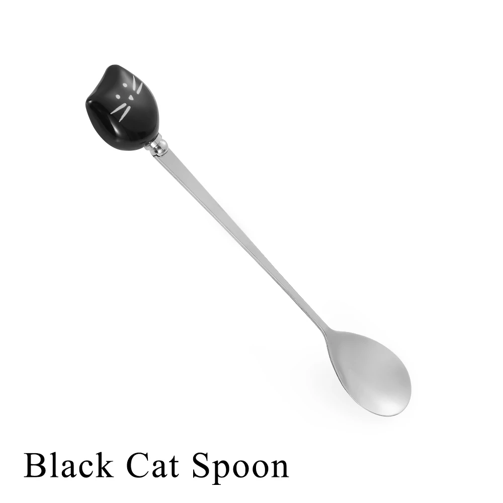 1 шт. белый/черный милый кот кофейные ложечки фрукты вилка лед для крема, сахара чай десертный суповой ложки DIY ложки для чая Посуда - Цвет: Black Cat Spoon