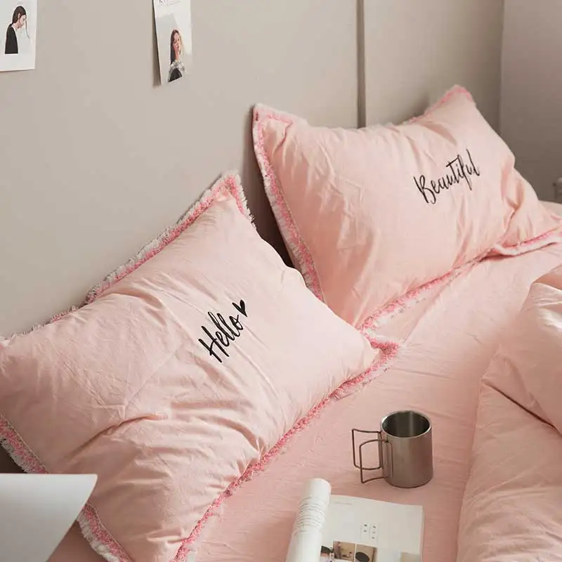 Cilected 1 пара наволочка с вышивкой постельные принадлежности хлопок наволочка белый розовый привет красивые буквы для пары спальни - Цвет: P86C03pink