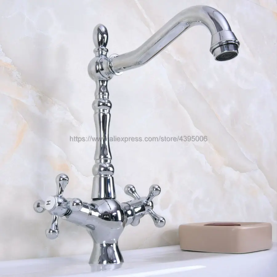 

Polished Chrome Swivel Spout Double Handle Bathroom Sink Vessel Faucet Basin Mixer Tap Bnf920