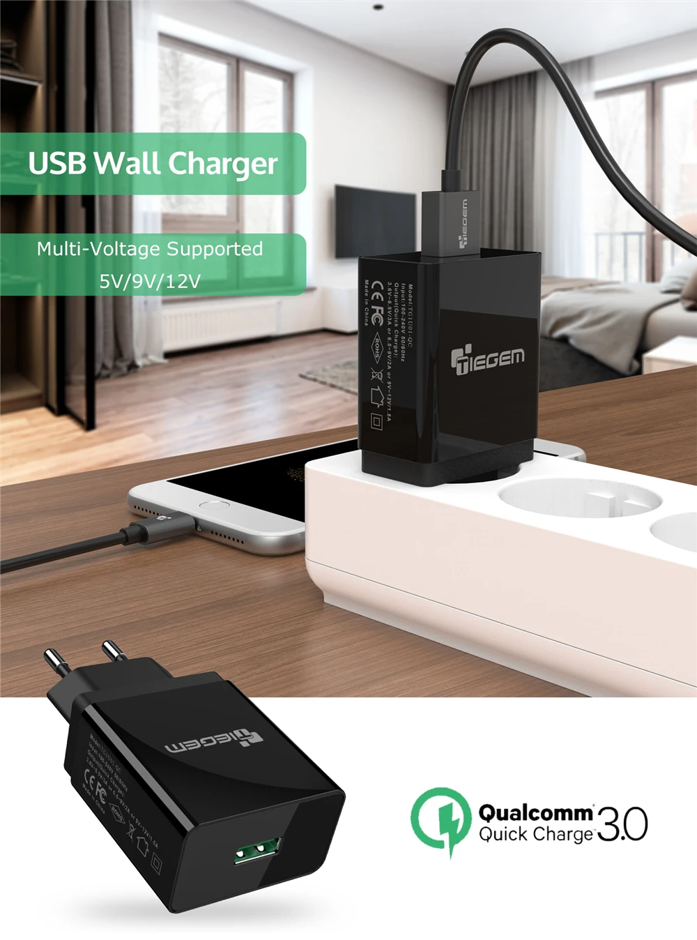 TIEGEM Quick Charge 3,0 USB настенное зарядное устройство адаптер 18 Вт EU US Plug Универсальное зарядное устройство для мобильных телефонов для samsung iphone 7