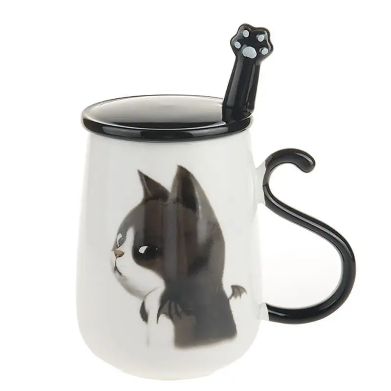 Керамическая кофейная кружка с милым рисунком кота с ложкой и крышкой, креативная большая кофейная кружка 450 мл для здорового кота - Цвет: Evil Cat
