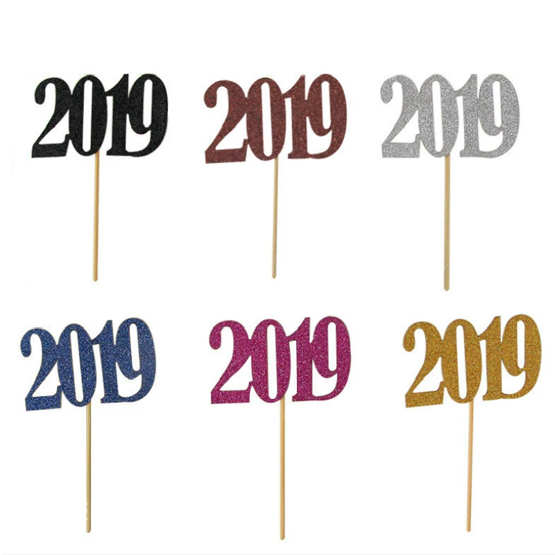 

10pcs Glitter 2019 Anniversary Cake Topper Gold Silver Party Insert Card New Year Party Festival Decorstions Cupcake Toppers,Q