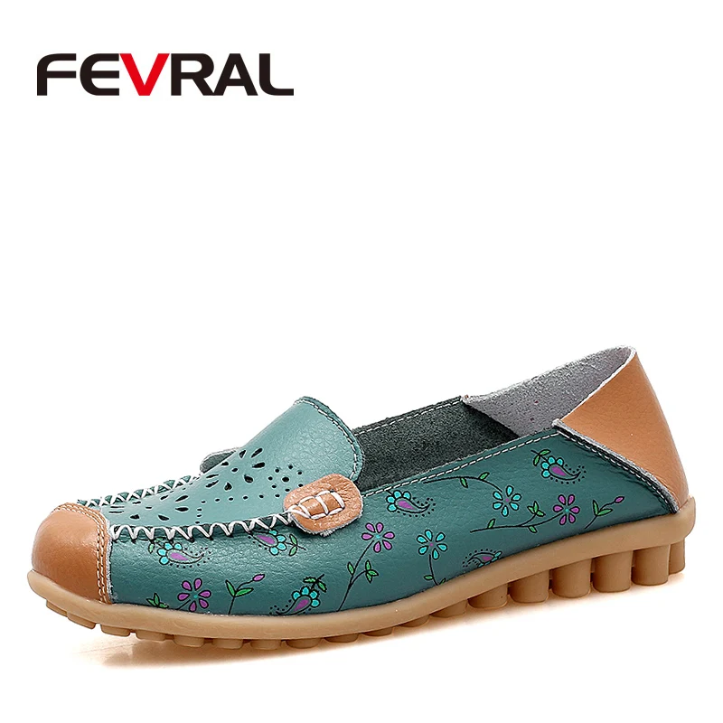 

FEVRAL New Fashion 2018 Summer Flower Print Women Appliques Genuine Leather Shoes Woman Flat Flexible Peas Loafers Size 35-44