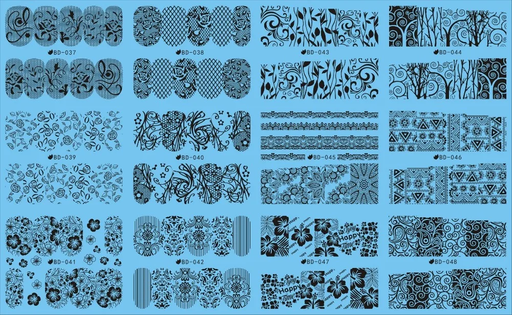 

12 PACKS/ LOT WATER TRANSFER DECAL NAIL ART NAIL STICKER BLACK FLOWER VINE WEED LACE PATTERN BD037-048