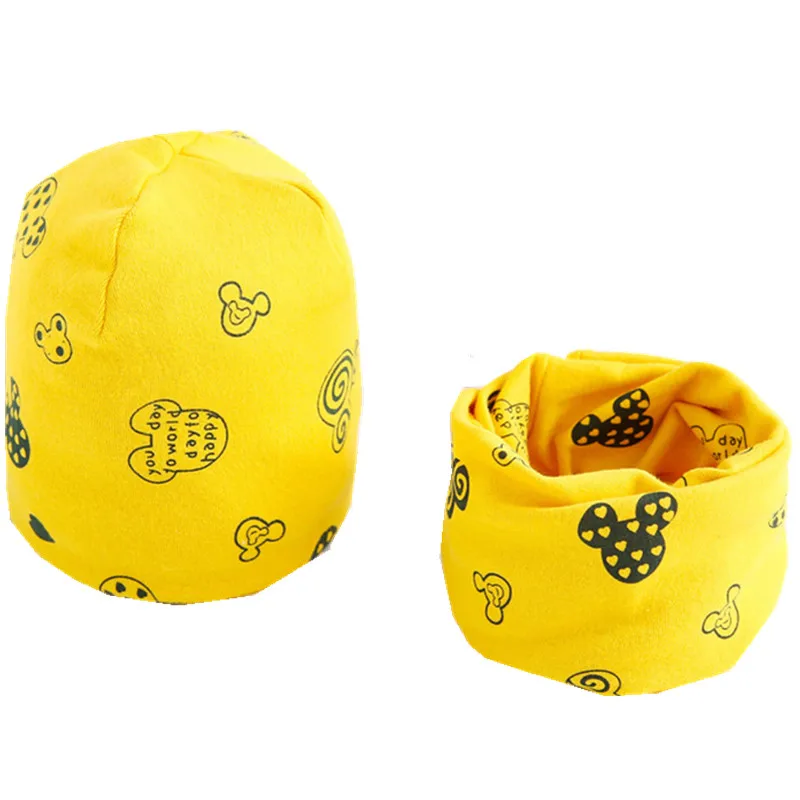 yellow mouse hat set Новые Хлопковые плюшевые шапки для девочек с шарфом Фрукты Сова-овца Звезды Львиная шапочка для мальчиков Детская шапка с шарфом и воротником Комплект хлопчатобумажной шапки для детей - Цвет: yellow mouse hat set