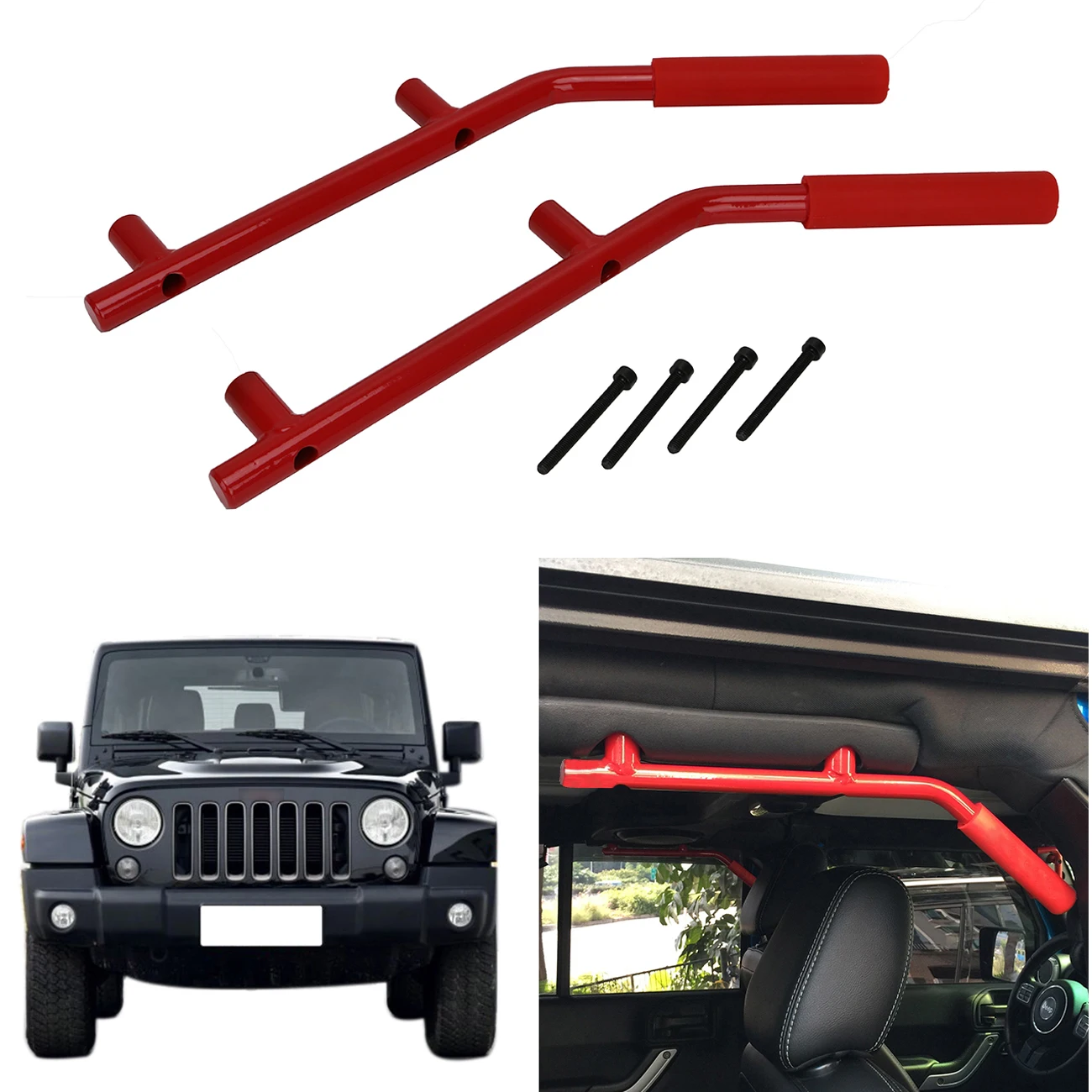 2PCS Red Front Rear Red Handle Grab Bars Handles Armrest For Jeep