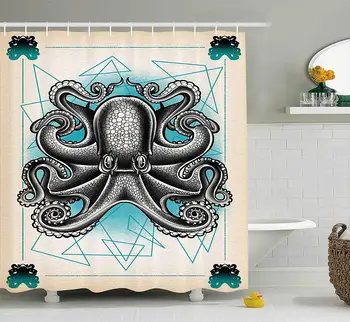 

Creepy Octopus Made with Dots Weird Lines Shady Animal Image, Fabric Bathroom Decor Set Teal Grey