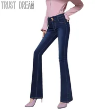 Фотография TRUST DREAM Ladies Denim Flare Pants Casual High Waist Women Jeans Skinny Fit Slim Full Length 