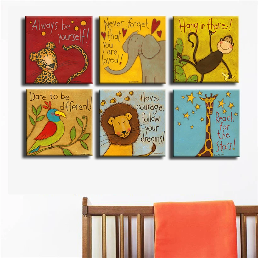 قماش يطبع النفط اللوحة 6 قطعة/مجموعة الحديثة الكرتون الحيوانات جدار الصور الاطفال ديكورات للحائط لا إطار الملصقات