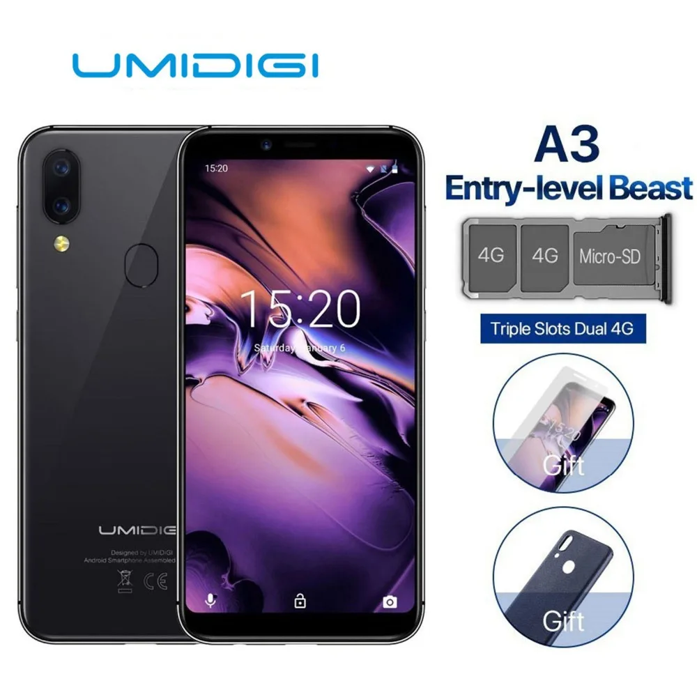 Umidigi A3 Глобальный Band 5,5 "incell Hd + дисплей 2 gb + 16 gb смартфон 4 ядра Android 8,1 12mp + 5mp Face Unlock двойной 4g мобильный телефон