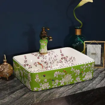 

Europe Vintage Style Art wash basin Ceramic Lavabo Counter Top art rectangular flower bird ceramic Wash Basin Bathroom Sinks