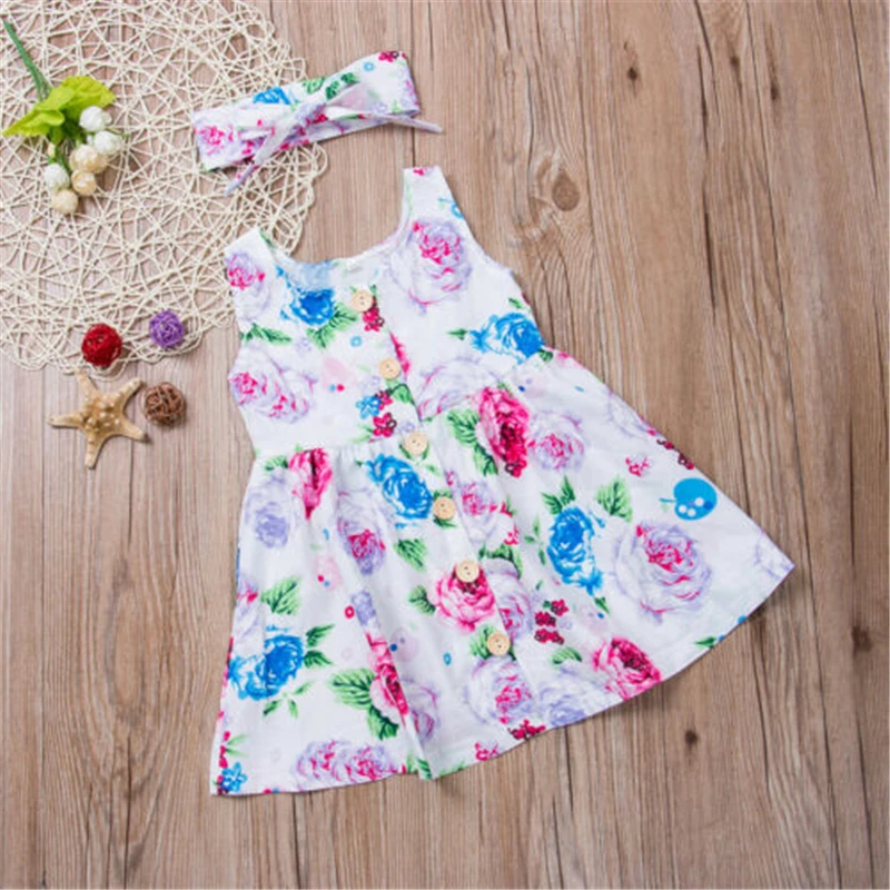 

Toddler Kids Baby Girl Floral tank dress match headband Summer button sleeveless sundress infant girl Clothes