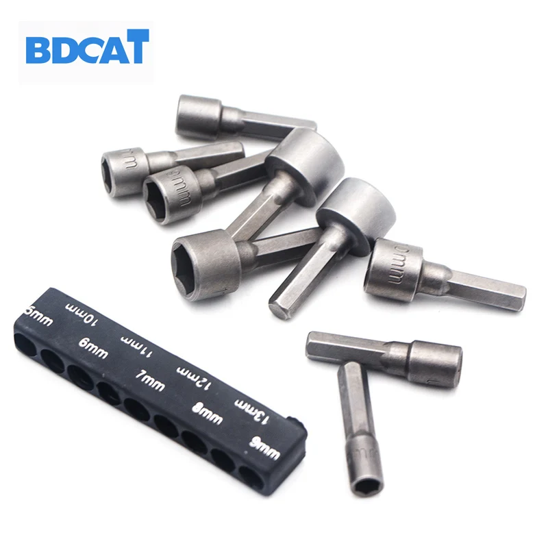 

BDCAT 9Pcs 1/4" Hex Shank Power Nut Driver Drill Bit Metric Socket Wrench Screw 5-13mm Magnetic Nut Driver Set Socket Adapter