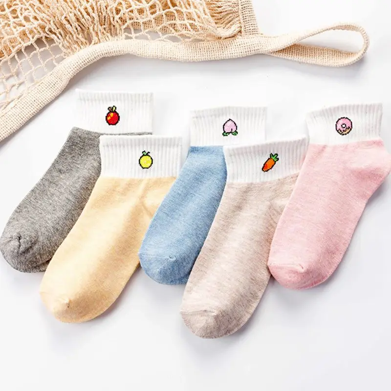 

Japanese Style Young Girl Cute Fruit Donut Print Short Crew Socks Color Block Jacquard Sweet Student Sport Casual Cotton Hosiery