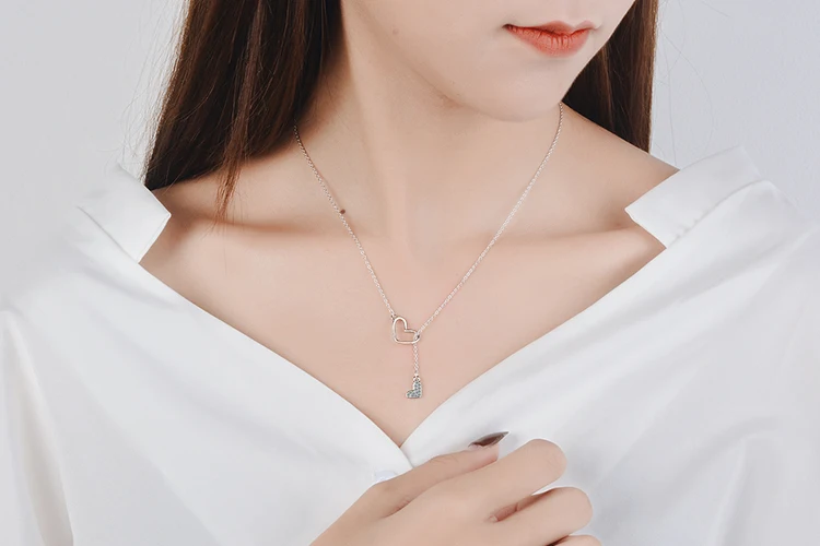 Anenjery Zircon Double Love Heart Adjustable Short Sweater Chain Necklace For Women 925 Sterling Silver Necklace S-N323