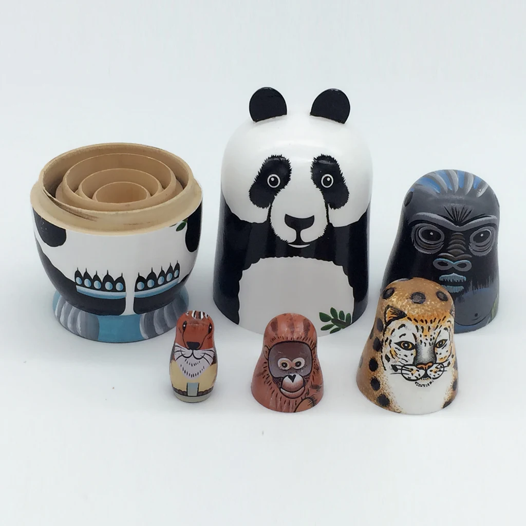 5 PCS Hand Painted Panda Monkey Animal Wooden Russian Nesting Dolls Set Matryoshka Toys