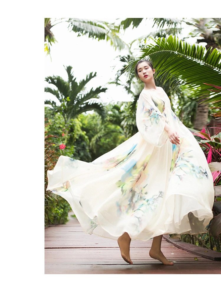 IRINAW636 Новое поступление Лето длинное винтажное шифоновое платье с принтом пляжный стиль