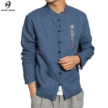 

2018 spring new brand men's simple casual solid color linen jacket original Chinese style embroidery coat black white US Size