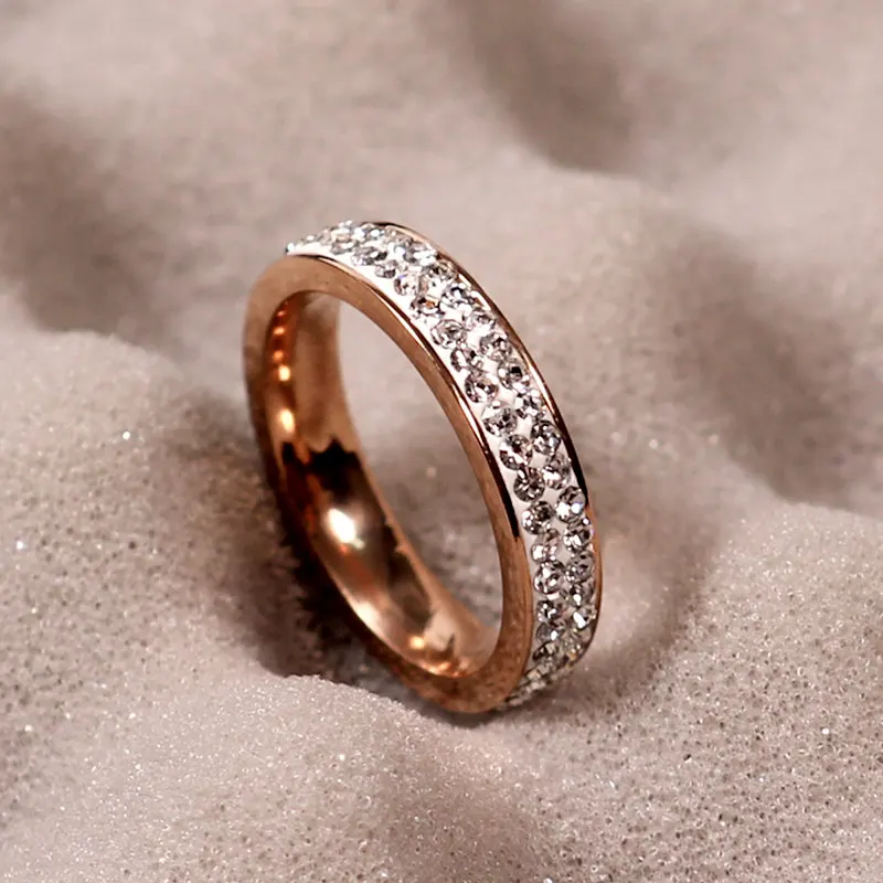 

LBS Clay material Crystal Rose Gold Ring Double row stainless steel smooth couple promise marry Gifts brand design ring