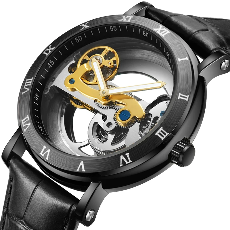

Watch Men Mechanical Watch Fashion Elegant Personality Dial Waterproof All Black Luminous Hands PU Leather Buckle Wristwatch