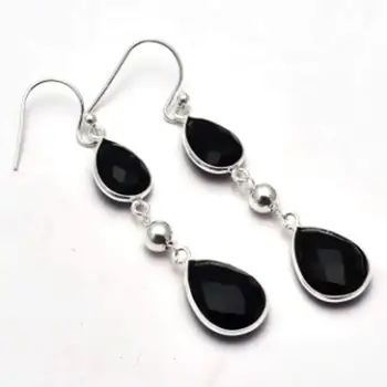

Genuine Black Onyx Cut Stone 925 Sterling Silver Earrings, 57 mm, 2SE0199