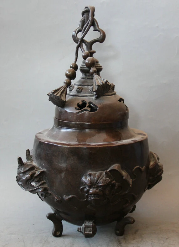 

Elegant old S2255 15 Japan Japanese Bronze 3 Foot circular apparition Head Incense Burner Censer statue (A0322)